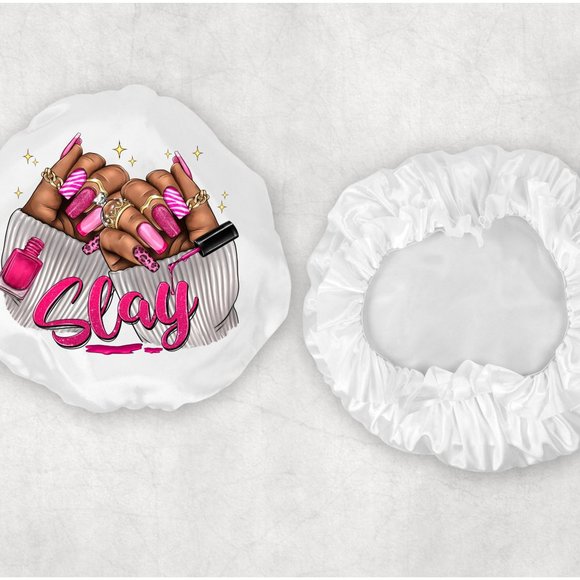 Womans Pink Nails Slay Custom Design Double Layered Satin Hair Bonnet Scarf Wrap - Picture 1 of 2